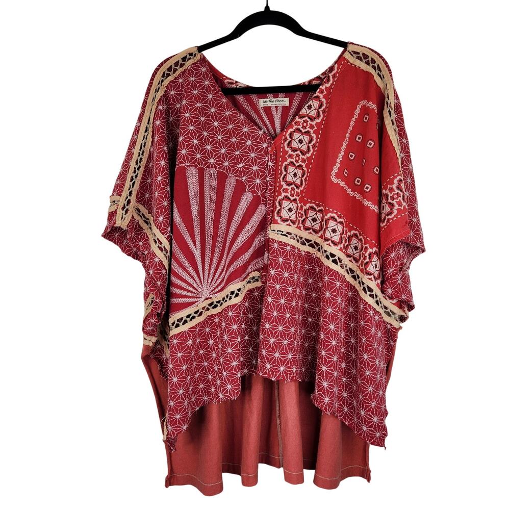 We The Free Red Patchwork Boho Blouse with Cream Trim